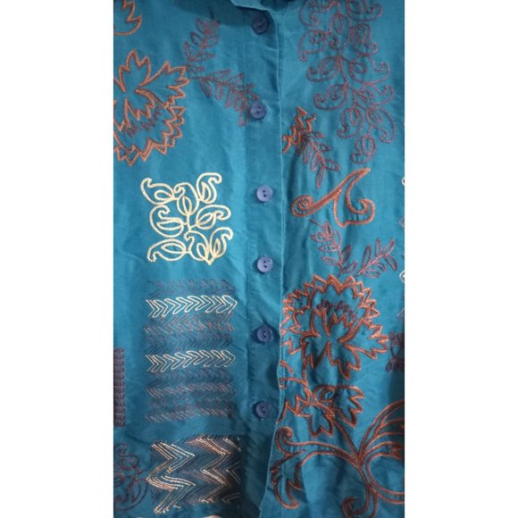 Christina Hope Medium Turquoise Blue Embroidered Silk Vintage Button Down Shirt - Picture 2 of 7